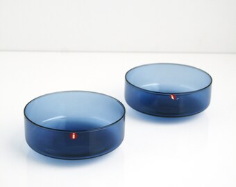 Timo Sarpaneva I-Series Iittala Blue Glass 4" Low Bowl Set of 2 Finland Mid Century