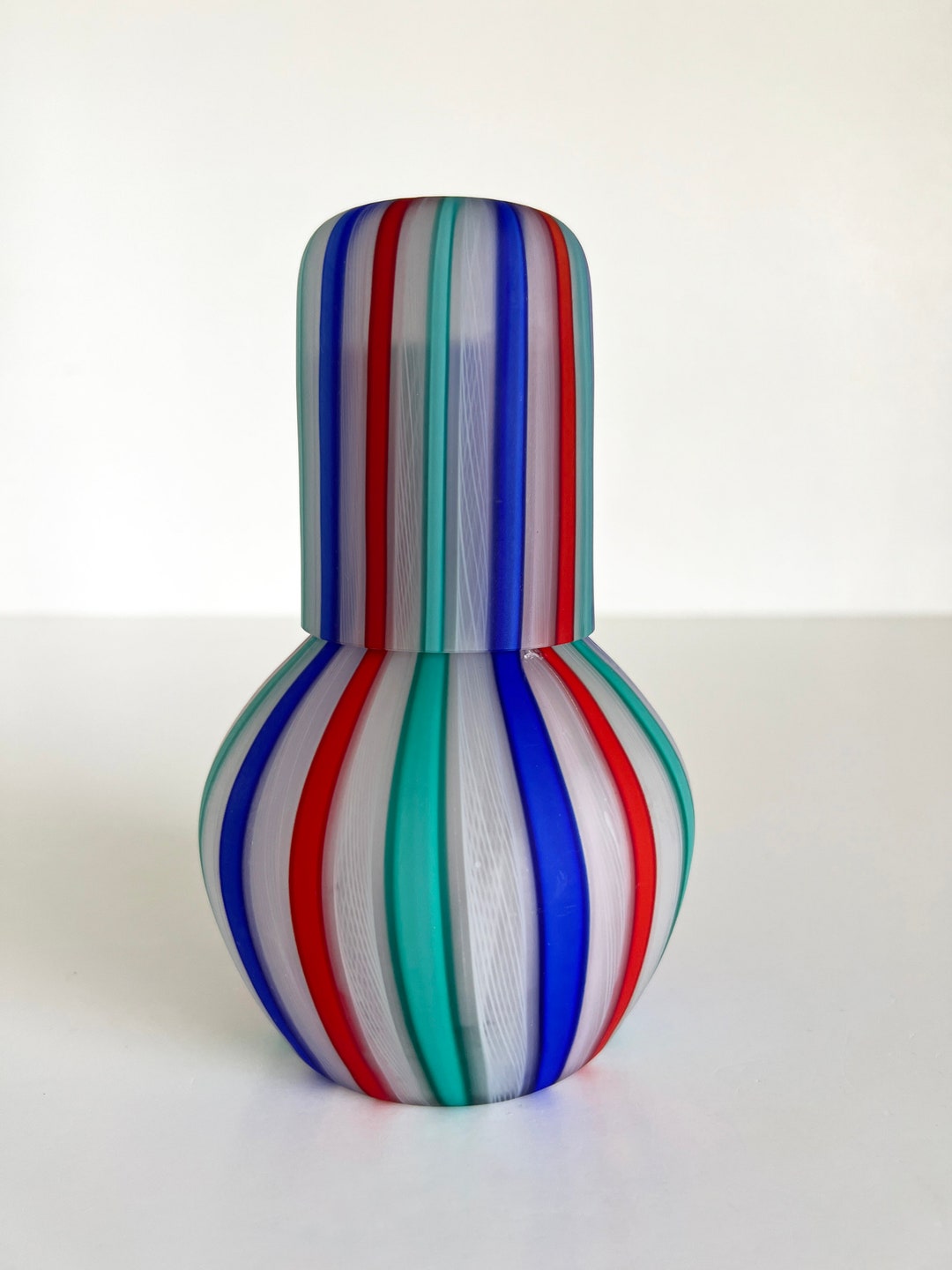 Fratelli Toso Latticino Striped Decanter Cup Glass Set Vase Murano