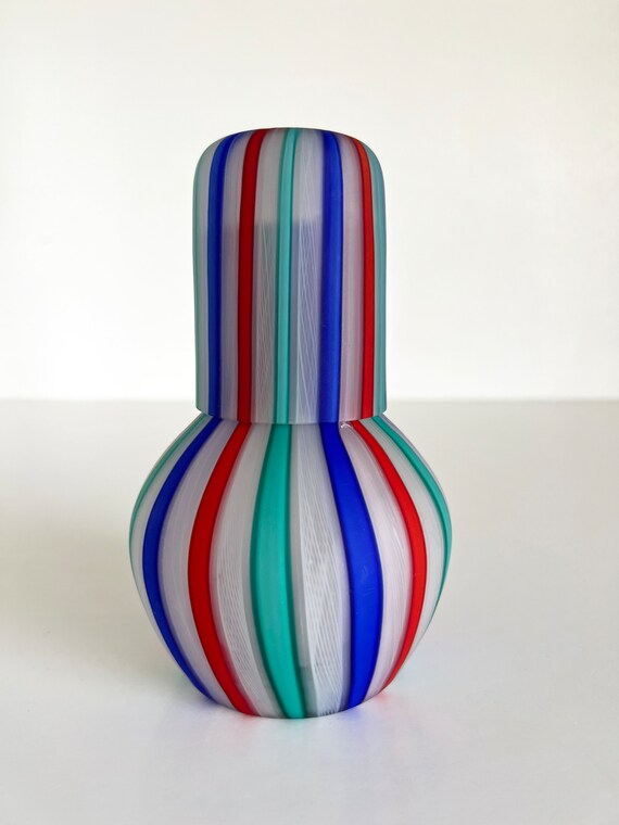 Fratelli Toso Latticino Striped Decanter Cup Glass Set Vase Murano
