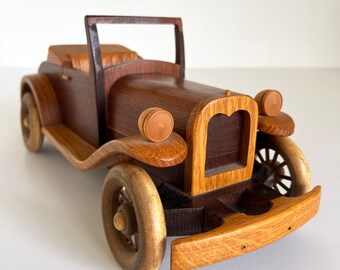 1929 Ford Roadster Wood Model Toy Car Vintage Solid Walnut Oak