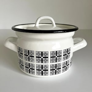Vintage Lidded Enamel Stock Pot White Black Retro Cookware Mid Century