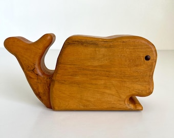 Vintage Hand Carved Wooden Whale Piggy Coin Money Bank Sculpture Animal Mid Century