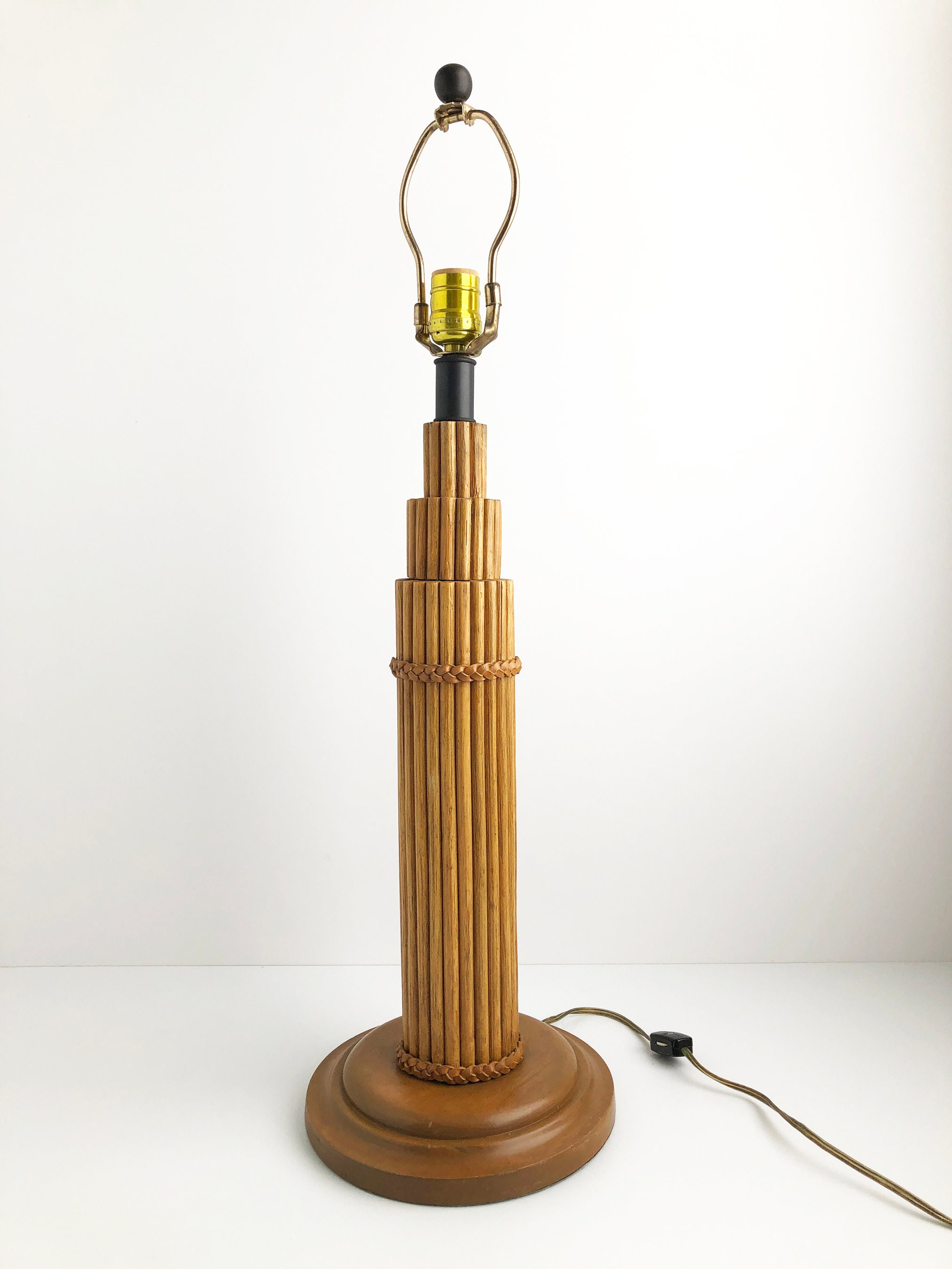 Mid Century Bamboo Rattan Leather Table Lamp - Etsy vintage 2 table lamps trammel-style design style to mid-century bamboo 
Good main image 0