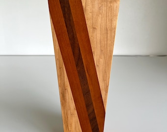 Handcrafted Wood Inlay Staved Tall Vase Vessel Signed Studio Woodwork