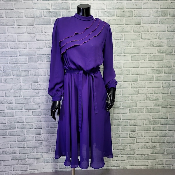 Vintage 70s I.Magnin Leslie Fay Sheer Purple Disco Dress L/S Ruffle Mock Neck