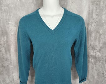 Suéter vintage de cuello en V de cachemira verde azulado Pringle of Scotland para hombre, años 70, talla 44, Escocia