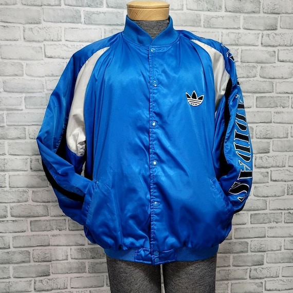 Vintage 80s 90s Adidas Trefoil Satin Bomber Jacket Blue White