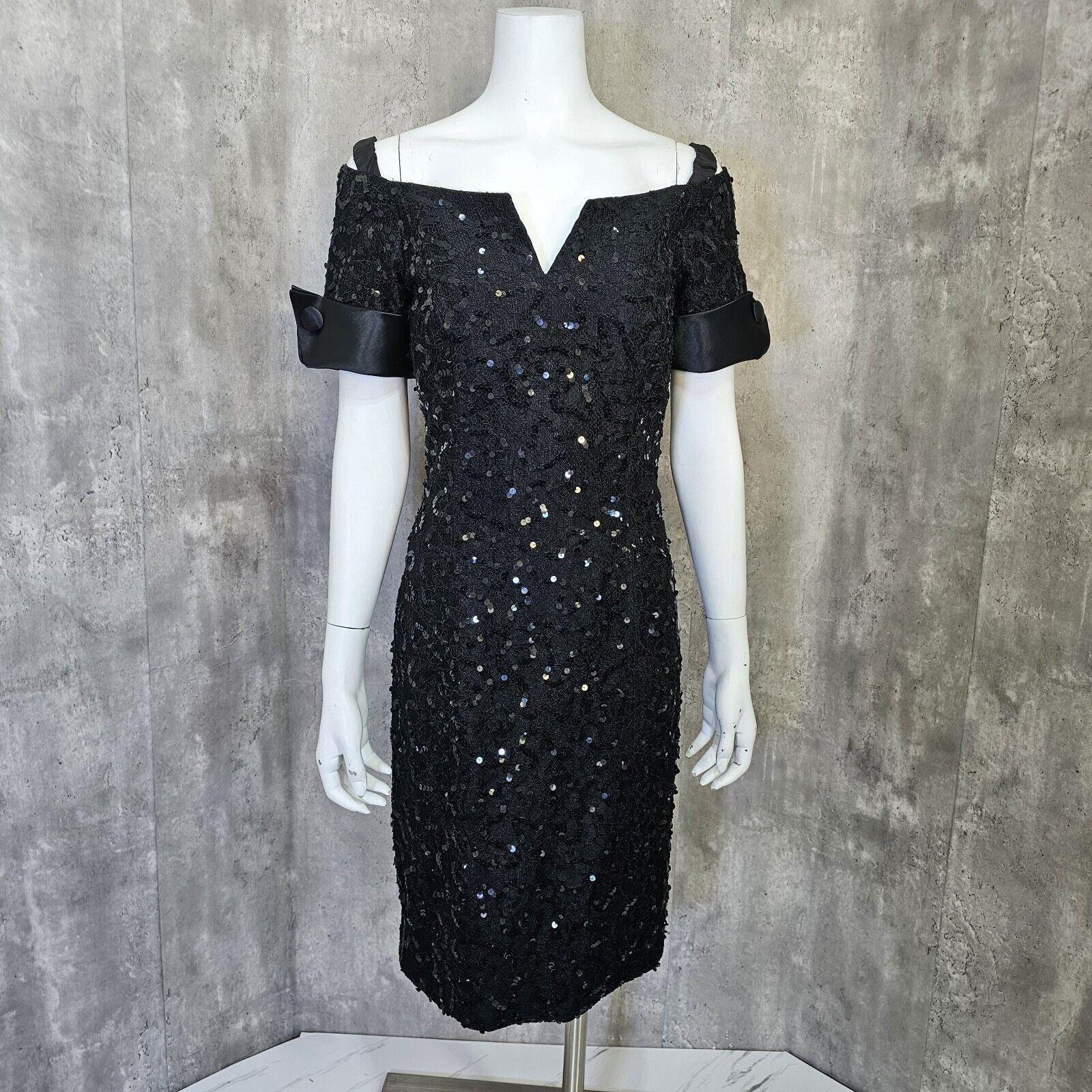 Vintage 80s Morton Myles Womens 6 Black Sequin Off the Shoulders LBD Dress