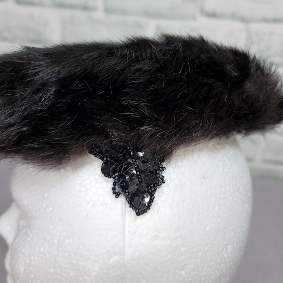 Vintage 50s 60s Black Mink Fur Hat Furry Halo Win… - image 7