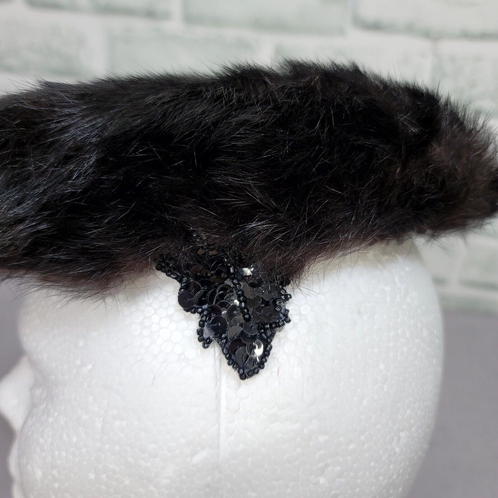 Vintage‎ 50s 60s Black Mink Fur Hat Furry Halo Winter Fascinator Hat Sequin Side Mink Fur Black Vintage Hats for Women for sale | eBay main image 2