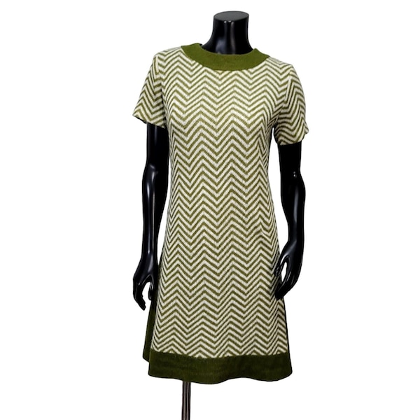 Vintage 60s 70s Avocado Green White Chevron Mod Gogo Wool Blend Mini Dress S/S