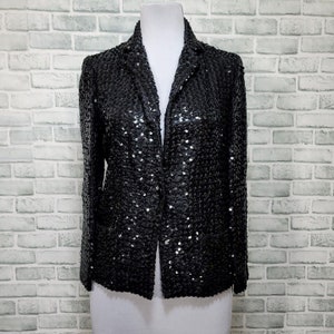 Vintage 80s Partique New York Womens M Sequin Scrunch Black Long Sleeve Blazer