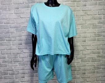 Vintage 80s KG Kevin G Sportswear Turquoise 2pc Set S/S Tshirt & Shorts Lounge