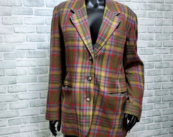 Vintage 90s Gap Womens M Colorful Plaid Wool Blend Longline Blazer Career Casual