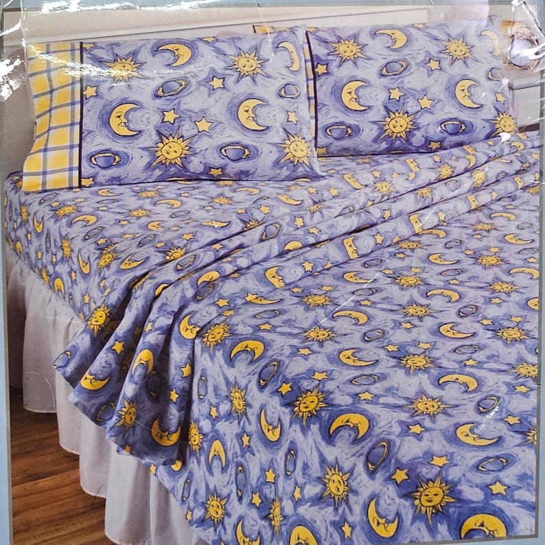 Vintage Jubilee Celestial Sun Moon Flannel Sheet Set Full Cotton Y2K NOS Whimsy imagem 10