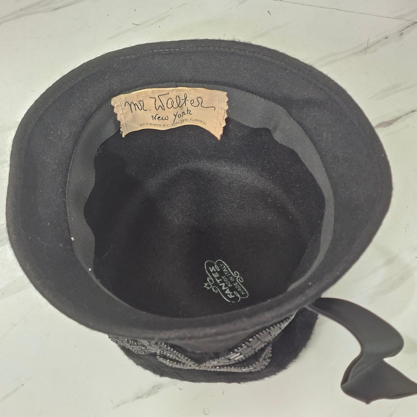 Vintage Mr Walter New York Black Fur Felt Beaded Hat Satin  display picture 1