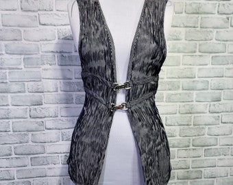 Vintage 90s Garota Womens M Ribbed Grey Black Buckle Front Vest Tie Back Waist