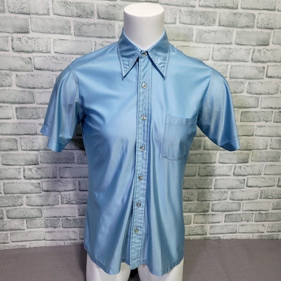 Vintage 70s Mens M Qiana Shiny Baby Blue Button F… - image 1