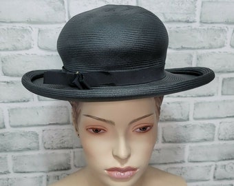 Vintage 60s Georgi Upturned Rolled Brim Black Raffia Bowler Hat