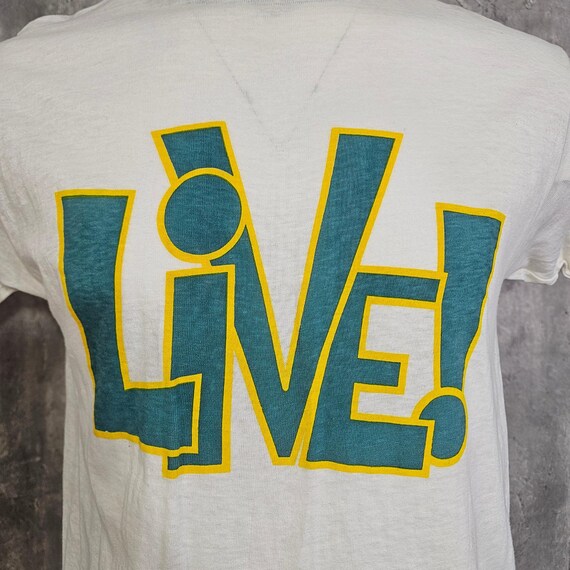 Vintage 70s LIVE! Ringer TShirt White Green Yellow Graphic Ringer Single Stitch View 2