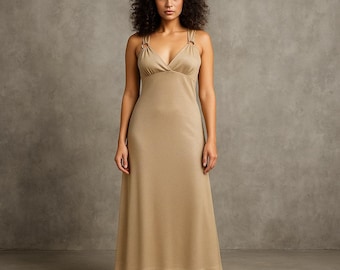 Vintage 70s 80s Champagne Gold Maxi Dress Talon Zipper Empire Waist Disco Gown
