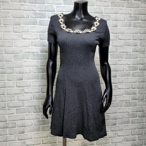 Vintage 90s Y2K Next Era Womens S Grey Ribbed Babydoll Dress Flower Applique