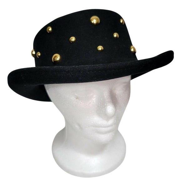 Vintage Black Litefelt Wool Hat Gold Studded Steampunk  display picture 3