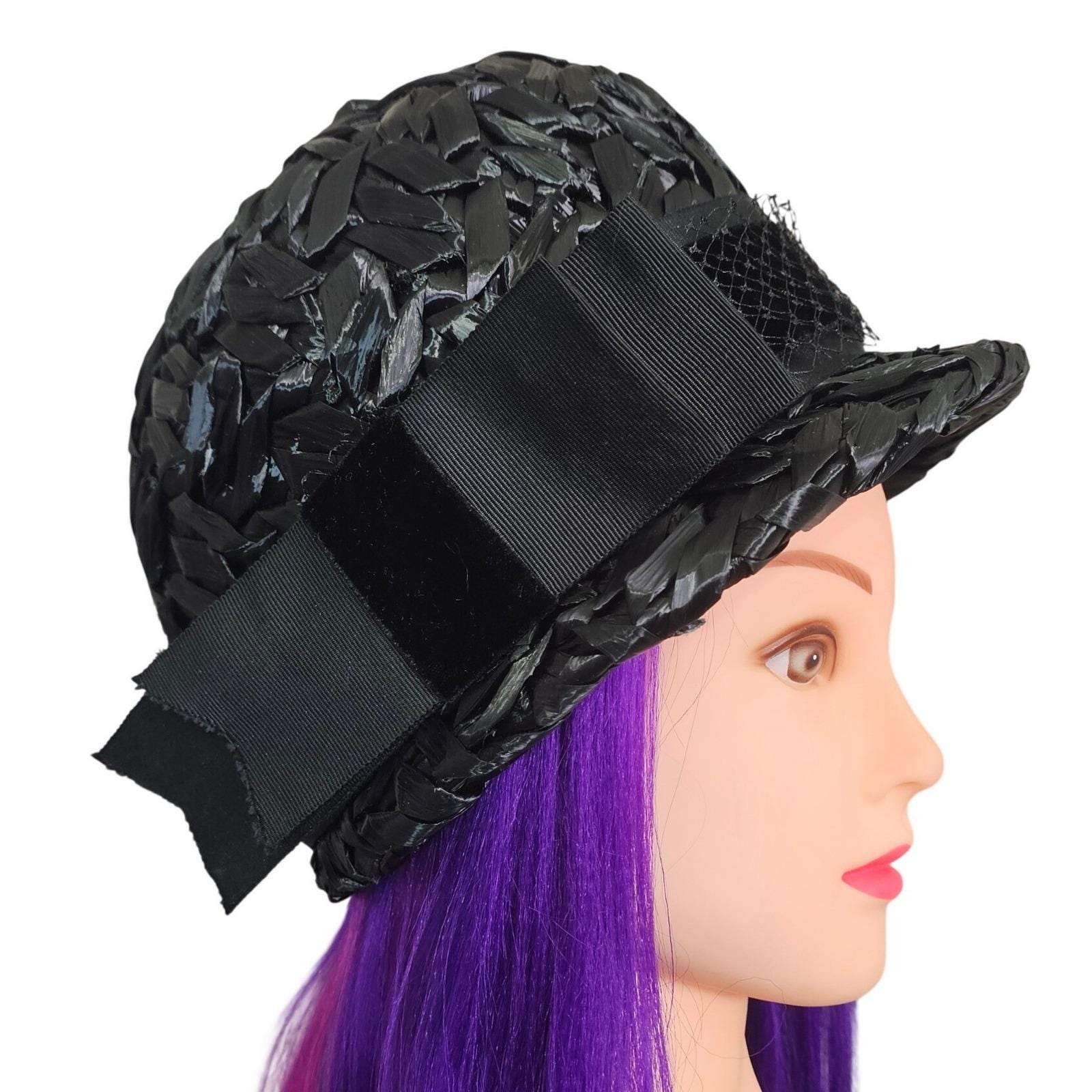 Vintage 60s Black Raffia Pillbox Hat ILGWU Jackie O Mod Cocktail Mad Men Black Hat Jackie O - Etsy main image 2