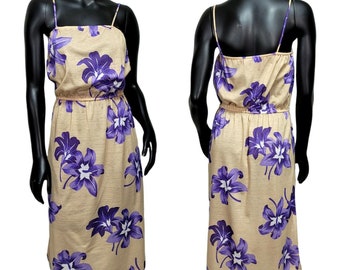 Vintage 70s 80s Sally Lou M/L Beige Purple Tropical Floral Sheath Day Dress