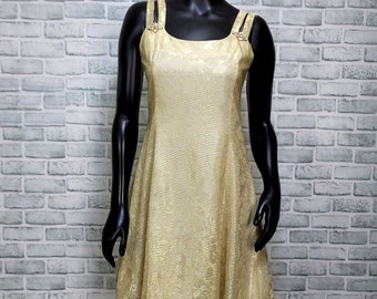 Vintage 90s Scott McClintock Gold Metallic Brocade Fit Flare Mini Cocktail Dress