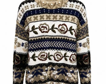 Express Handknitted Vintage 90s Fair Isle Floral Bobble Sweater Navy Tan Size M