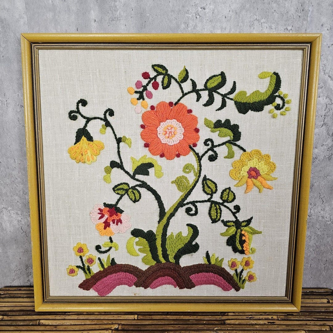 Vintage 60s Handmade Crewel Embroidery Wall Art Needlework Orange ...