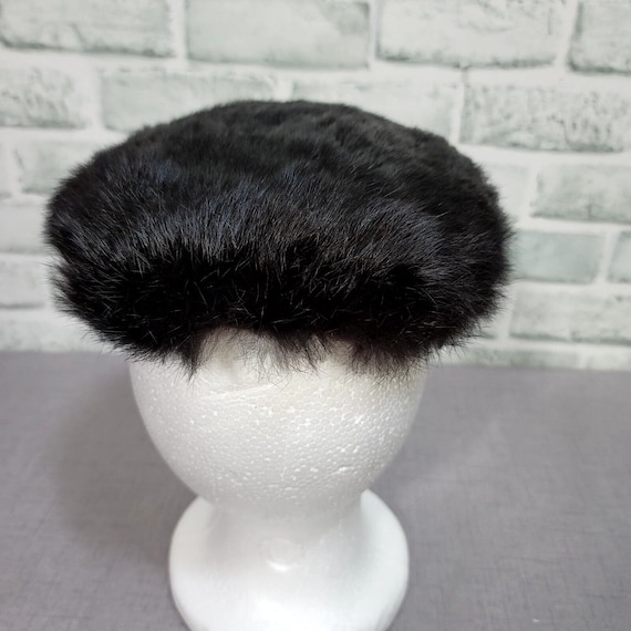 Vintage 50s 60s Black Mink Fur Hat Furry Halo Win… - image 5