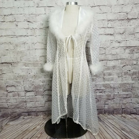 Vintage Hollywood Glam Robe Sheer Embroidery Feath
