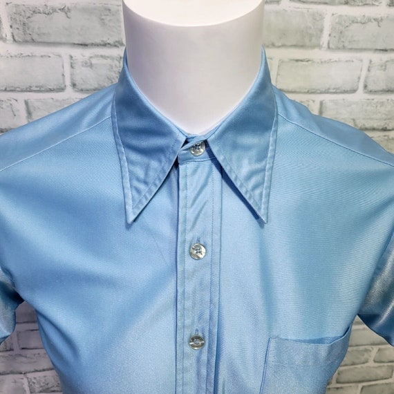Vintage 70s Mens M Qiana Shiny Baby Blue Button F… - image 2