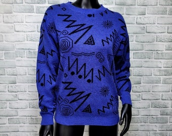 Vintage 90s Andrew St. John Womens S Indigo Abstract Black Geo Pattern Sweater