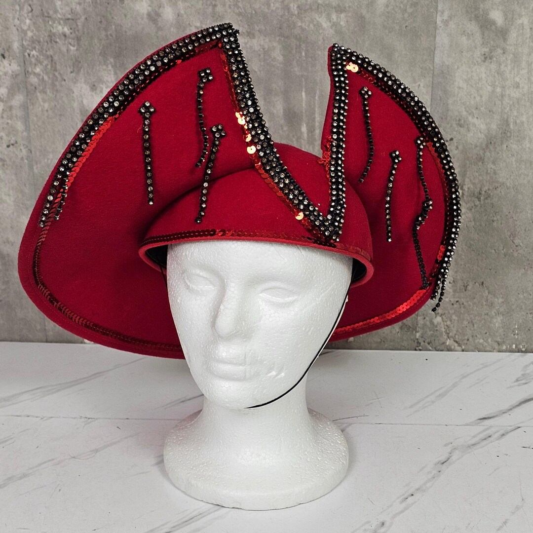Red Statement Felt Hat‎ Rhinestone Embellished Unique  display picture 3