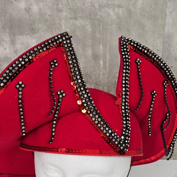 Red Statement Felt Hat Rhinestone Embellished Unique Occasion‎ Headwear Cosplay Red Rhinestone Luxury Festival Captain Hat Wedding Military  main image 4