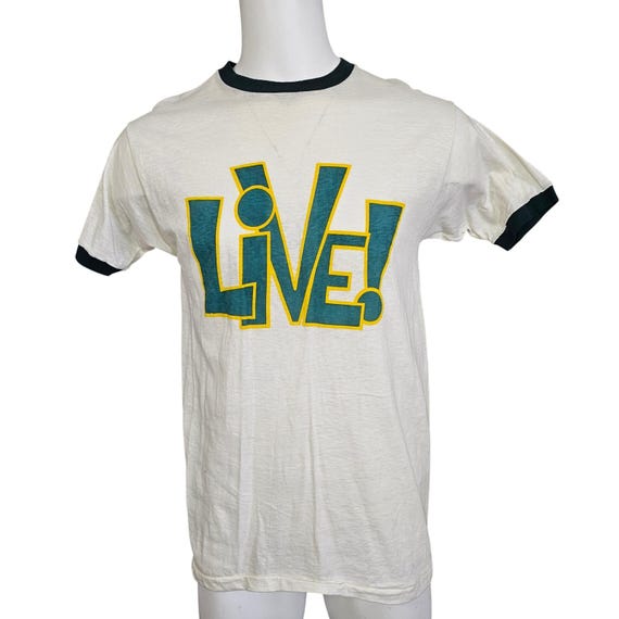 Vintage 70s LIVE! Ringer TShirt White Green Yellow Graphic Ringer Single Stitch
