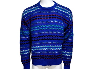 Vintage 80s Expressions L Bright Colorful Blue Abstract Acrylic Knit Sweater