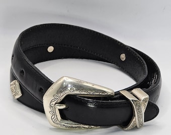90s Brighton Black Leather Western Concho Belt Silver Engraved Buckle USA S