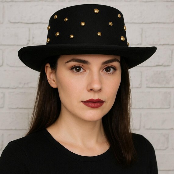 Vintage Black Litefelt Wool Hat Gold Studded Steampunk  display picture 1