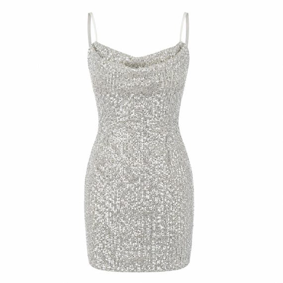 Vintage Y2K Bebe Silver Sequin Bodycon Mini Dress USA Clubwear Party Disco Ball