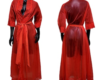 Lencería chic vintage de los años 70, talla S, bata de nailon roja con ribete de encaje y largo completo, glamurosa
