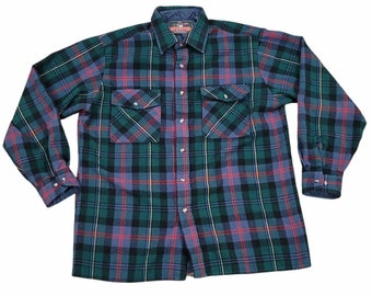 Vintage 80s 90s Mens L Backpacker Green Plaid Collared Button Up Down Flannel