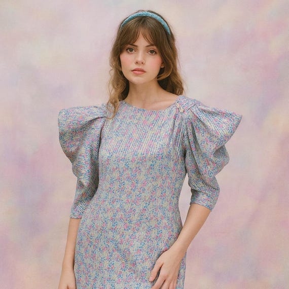 Vintage 80s Ala Carte Pleated Dress Flutter Puff Peek Shoulder Micro Floral