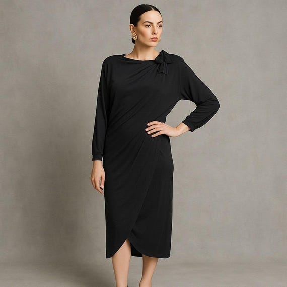 Jean Muir, Jean Muir London Black Jersey Knit Wrap Dress Bow Shoulder UK12 US10 Vintage 80s