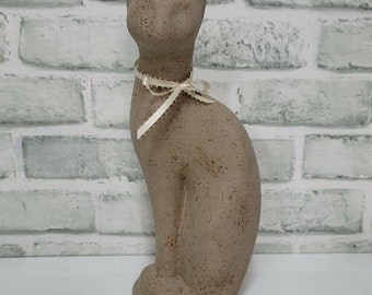 Vintage Mid Century Textured Tan 11.5" Tall Ceramic Kitty Cat Figurine Statue