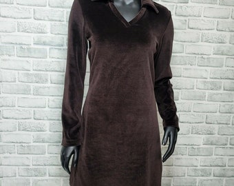 Vintage 90s Limited America XS Brown Velour Long Sleeve Collared Mini Aline Dres