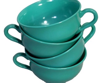 Vintage Set of 4 Hazel Atlas Ovide Platonite Teal Green Pressed Glass Teacups